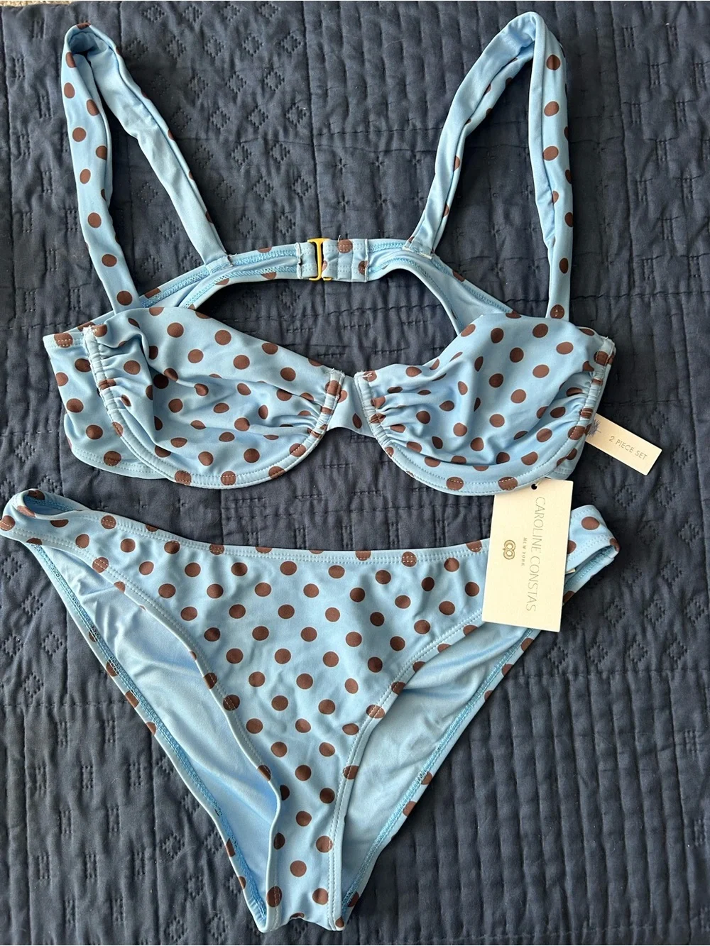 NWT Caroline Constas Light Blue Polka Dot brown Bikini Set size L